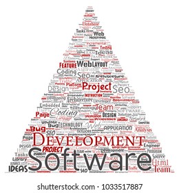 Vector conceptual software development project coding technology triangle arrow  word cloud isolated background. Collage of application web design, seo ideas, implementation, testing upgrade concept