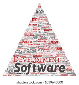 Vector conceptual software development project coding technology triangle arrow  word cloud isolated background. Collage of application web design, seo ideas, implementation, testing upgrade concept