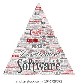 Vector conceptual software development project coding technology triangle arrow  word cloud isolated background. Collage of application web design, seo ideas, implementation, testing upgrade concept