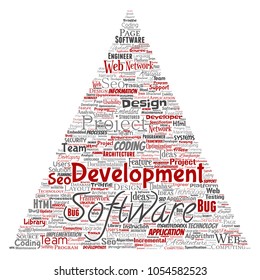 Vector conceptual software development project coding technology triangle arrow  word cloud isolated background. Collage of application web design, seo ideas, implementation, testing upgrade concept