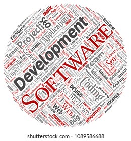 Vector conceptual software development project coding technology round circle red  word cloud isolated background. Collage of application web design, seo ideas, implementation, testing upgrade concept