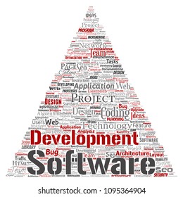 Vector conceptual software development project coding technology triangle arrow  word cloud isolated background. Collage of application web design, seo ideas, implementation, testing upgrade concept