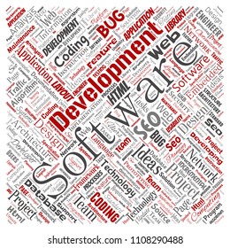 Vector conceptual software development project coding technology square red  word cloud isolated background. Collage of application web design, seo ideas, implementation, testing upgrade concept