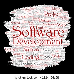 Vector conceptual software development project coding technology paint brush paper word cloud isolated background. Collage of application web design, seo ideas, implementation, testing upgrade concept