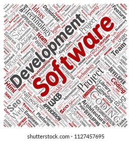 Vector conceptual software development project coding technology square red  word cloud isolated background. Collage of application web design, seo ideas, implementation, testing upgrade concept
