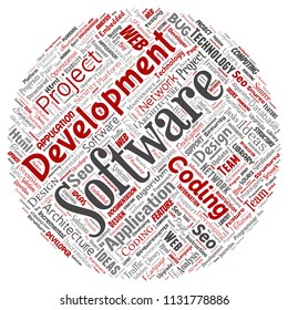 Vector conceptual software development project coding technology round circle red  word cloud isolated background. Collage of application web design, seo ideas, implementation, testing upgrade concept