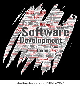 Vector conceptual software development project coding technology paint brush paper word cloud isolated background. Collage of application web design, seo ideas, implementation, testing upgrade concept