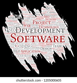 Vector conceptual software development project coding technology paint brush paper word cloud isolated background. Collage of application web design, seo ideas, implementation, testing upgrade concept