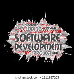 Vector conceptual software development project coding technology paint brush paper word cloud isolated background. Collage of application web design, seo ideas, implementation, testing upgrade concept