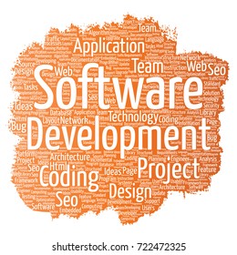Vector conceptual software development project coding technology paint brush word cloud isolated background. Collage of application web design, seo ideas, implementation, testing upgrade concept