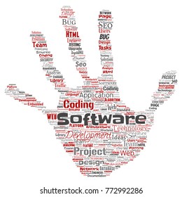 Vector conceptual software development project coding technology hand print stamp word cloud isolated background. Collage of application web design, seo ideas, implementation, testing upgrade concept
