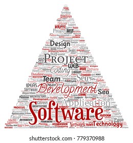 Vector conceptual software development project coding technology triangle arrow  word cloud isolated background. Collage of application web design, seo ideas, implementation, testing upgrade concept