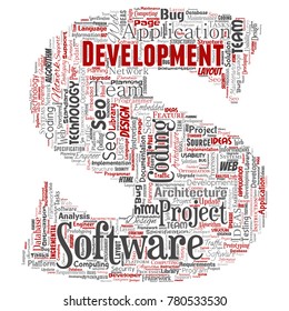 Vector conceptual software development project coding technology letter font S word cloud isolated background. Collage of application web design, seo ideas, implementation, testing upgrade concept