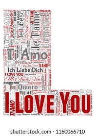Vector conceptual sweet romantic I love you multilingual message letter font L red word cloud isolated background. Collage of valentine day, romance affection, happy emotion or passion lovely concept
