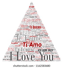 Vector conceptual sweet romantic I love you multilingual message triangle arrow word cloud isolated background. Collage of valentine day, romance affection,  happy emotion or passion lovely concept
