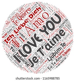 Vector conceptual sweet romantic I love you multilingual message round circle red word cloud isolated background. Collage of valentine day, romance affection,  happy emotion or passion lovely concept