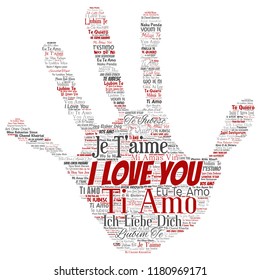 Vector conceptual sweet romantic I love you multilingual message hand print stamp word cloud isolated background. Collage of valentine day, romance affection,  happy emotion or passion lovely concept