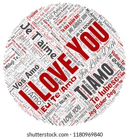 Vector conceptual dulce romántico me encanta el mensaje multilingüe redondo de la palabra roja nube aislado fondo. Collage del día de San Valentín, afecto romántico, emoción feliz o concepto de pasión adorable