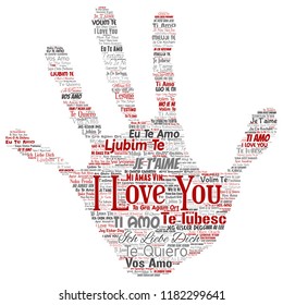Vector conceptual sweet romantic I love you multilingual message hand print stamp word cloud isolated background. Collage of valentine day, romance affection,  happy emotion or passion lovely concept