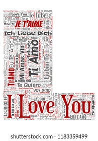 Vector conceptual sweet romantic I love you multilingual message letter font L red word cloud isolated background. Collage of valentine day, romance affection, happy emotion or passion lovely concept