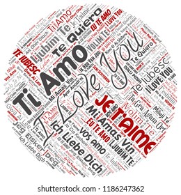 Vector conceptual dulce romántico me encanta el mensaje multilingüe redondo de la palabra roja nube aislado fondo. Collage del día de San Valentín, afecto romántico, emoción feliz o concepto de pasión adorable