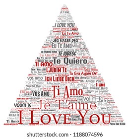 Vector conceptual sweet romantic I love you multilingual message triangle arrow word cloud isolated background. Collage of valentine day, romance affection,  happy emotion or passion lovely concept