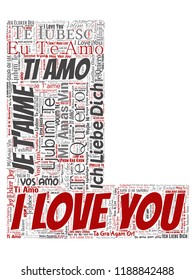 Vector conceptual sweet romantic I love you multilingual message letter font L red word cloud isolated background. Collage of valentine day, romance affection, happy emotion or passion lovely concept