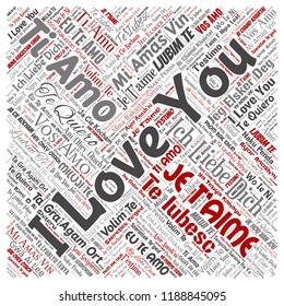 Vector conceptual sweet romantic I love you multilingual message square red word cloud isolated background. Collage of valentine day, romance affection, happy emotion or passion lovely concept design