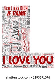 Vector conceptual sweet romantic I love you multilingual message letter font L red word cloud isolated background. Collage of valentine day, romance affection, happy emotion or passion lovely concept