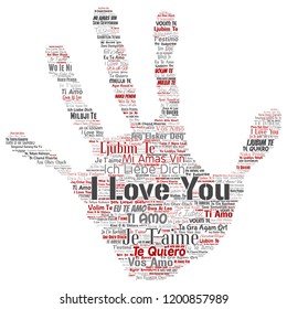 Vector conceptual sweet romantic I love you multilingual message hand print stamp word cloud isolated background. Collage of valentine day, romance affection,  happy emotion or passion lovely concept