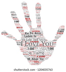 Vector conceptual sweet romantic I love you multilingual message hand print stamp word cloud isolated background. Collage of valentine day, romance affection,  happy emotion or passion lovely concept