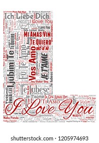 Vector conceptual sweet romantic I love you multilingual message letter font L red word cloud isolated background. Collage of valentine day, romance affection, happy emotion or passion lovely concept