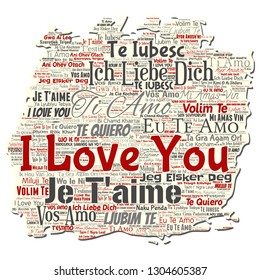 Vector conceptual sweet romantic I love you multilingual message old torn paper word cloud isolated background. Collage of valentine day, romance affection,  happy emotion or passion lovely concept