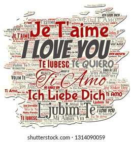 Vector conceptual sweet romantic I love you multilingual message old torn paper word cloud isolated background. Collage of valentine day, romance affection,  happy emotion or passion lovely concept