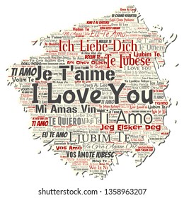 Vector conceptual dulce romántico te amo mensaje multilingüe viejo desgarrado de papel palabra nube aislado fondo. Collage del día de San Valentín, afecto romántico, emoción feliz o concepto de pasión adorable