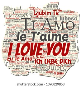 Vector conceptual sweet romantic I love you multilingual message old torn paper word cloud isolated background. Collage of valentine day, romance affection,  happy emotion or passion lovely concept