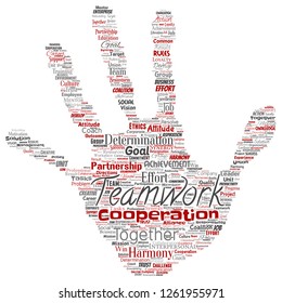 Vektor konzeptuelles Teamwork-Management drucken Hand Stempel rote Partnerschaftsidee, Erfolgsziel Wort Cloud isolierten Hintergrund. Zusammenstellung von Geschäftsstrategie, Lösung für die Gruppenzusammenarbeit oder Teamkonzept