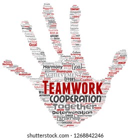 Vector conceptual teamwork management hand print stamp red partnership idea, success goal word cloud isolated background. Collage of business strategy, group cooperation solution or team concept
