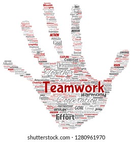 Vector conceptual de la gestión del trabajo en equipo de la mano imprimir el sello rojo de la idea de asociación, objetivo de éxito palabra nube aislado fondo. Collage de estrategia comercial, solución de cooperación grupal o concepto de equipo