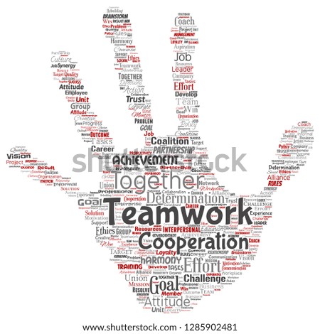 Vector conceptual teamwork management hand print stamp red partnership idea, success goal word cloud isolated background. Collage of business strategy, group cooperation solution or team concept