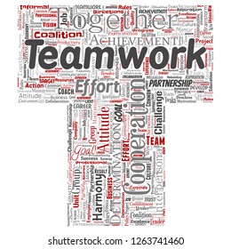 Vector conceptual teamwork management letter font red partnership idea, success goal word cloud isolated background. Collage of business strategy, group cooperation solution or team concept design