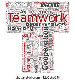 Vector conceptual teamwork management letter font red partnership idea, success goal word cloud isolated background. Collage of business strategy, group cooperation solution or team concept design