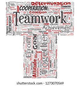 Vector conceptual teamwork management letter font red partnership idea, success goal word cloud isolated background. Collage of business strategy, group cooperation solution or team concept design