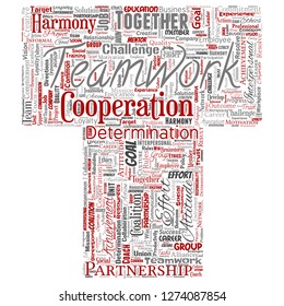 Vector conceptual teamwork management letter font red partnership idea, success goal word cloud isolated background. Collage of business strategy, group cooperation solution or team concept design