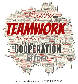Vector conceptual teamwork management old torn paper red partnership idea, success goal word cloud isolated background. Collage of business strategy, group cooperation solution or team concept