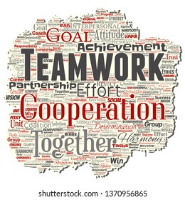 Vector conceptual teamwork management old torn paper red partnership idea, success goal word cloud isolated background. Collage of business strategy, group cooperation solution or team concept