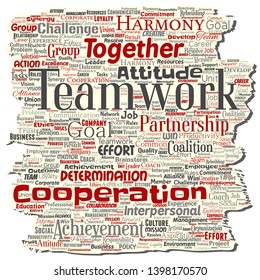 Vektor konzeptuelles Teamwork Management alte zerrissene Papier rote Partnerschaft Idee, Erfolgsziel Wort Cloud isolierten Hintergrund. Zusammenstellung von Geschäftsstrategie, Lösung für die Gruppenzusammenarbeit oder Teamkonzept