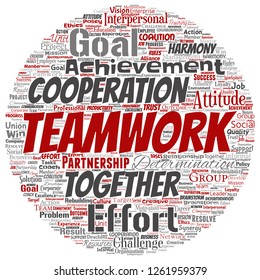 Vector conceptual de la gestión del trabajo de equipo rodea la idea de asociación de círculo rojo, objetivo de éxito nube aislado fondo. Collage de la estrategia de negocio como solución de cooperación grupal o diseño de concepto de equipo