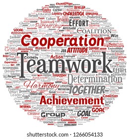 Vector conceptual teamwork management round circle red partnership idea, success goal word cloud isolated background. Collage of business strategy as group cooperation solution or team concept design