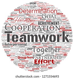 Vector conceptual teamwork management round circle red partnership idea, success goal word cloud isolated background. Collage of business strategy as group cooperation solution or team concept design